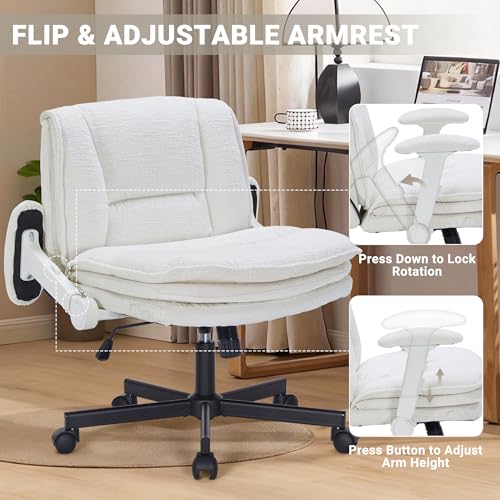 Image of Criss Cross Chair with Wheels and Flip Arms, Upholstered Cross Legged Office Chair with 3 Layer Cushions&Dynamic Airbag Lumbar Support, Wide Seat Comfy Desk Chair for Home Office, Living Room, Beige