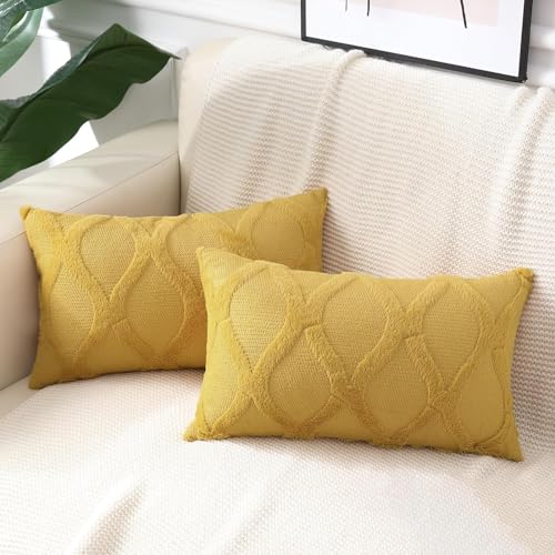 decorUhome Fall Throw Pillow Covers 12x20 Inch Set of 2, Soft Plush Faux Fur Wool Lumbar Mustard Yellow Couch Pillow Covers, Decorative Neutral Pillow Cases for Bed Sofa Living Room Home Decor
