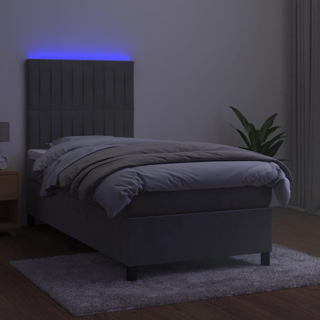 Samt Boxspringbett mit LED und verstellbarem Kopfteil Komfort Bett 90x190 | Boxspringbett mit Matratze und LED Licht Hellgrau 90x190 cm Samt Bett mit Kopfteil verstellbar Taschenfederkern Topper USB
