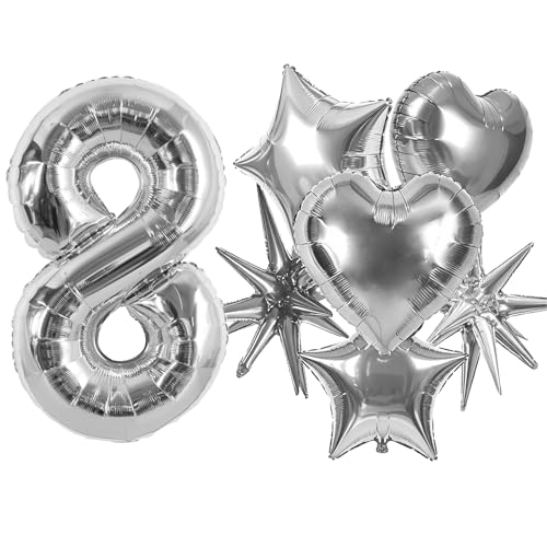 Image of TONIFUL 8th Birthday Balloons Kit 40Inch Silver Large Number 8 Foil Balloon | with 18Inch Helium Mylar Heart Star Balloons for Kids Women Men Birthday Anniversary Graduation New Year Eve Party Decoration