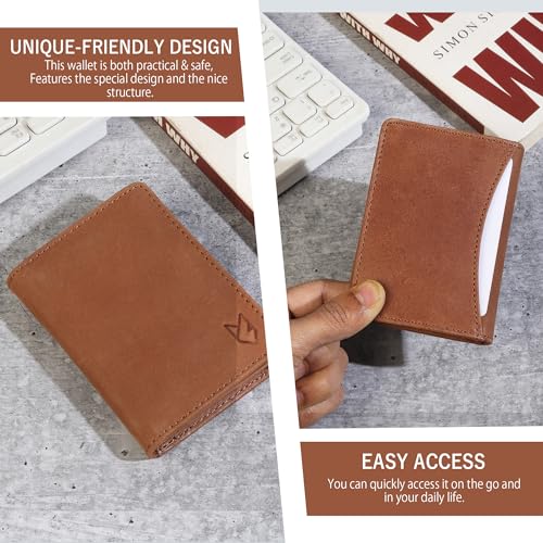 Leather Credit Card Holder For Men and Women, Small RFID Blocking Bifold Wallet (With ID Slot, Hunter Tan)3