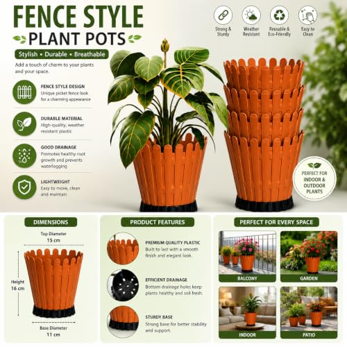 Image of TechHark Decorative Round Planter Pot with Picket Design, Terraccota with Black Base, 15 cm, Pack of 5