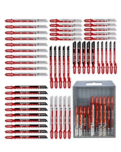 50PCS T-Shank Jigsaw Blades Set - FOCSTOL HSS/HCS Jig Saw Blades for Cutting Metal, Wood and Plastic (T118A,T118B,T127D,T119B,T119BO,T101BR,T144D,T244D)