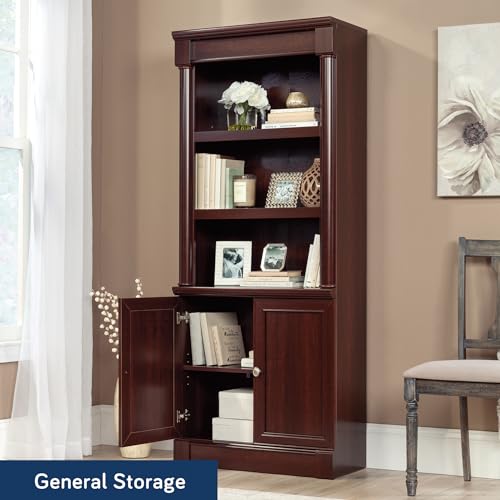 Image of Sauder Palladia Book Shelf, Bookshelf with Storage, Library Bookcase with Doors and Adjustable Shelves, in Select Cherry finish