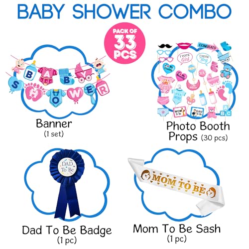 Image of Zyozique Babyy Shower Decorations Paper Banner , Photo Booth Props, Badge & Sash | Baby Shower Decorations Combo | Baby Shower Theme Party Favors (Pack of 33)
