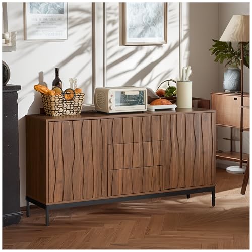 Wyibwy Aparador de Roble Oscuro 150 x 80 x 40 cm, con 3 Cajones y 2 Puertas, Mueble Decorativo para Cocina, Salón, Entrada, Pasillo