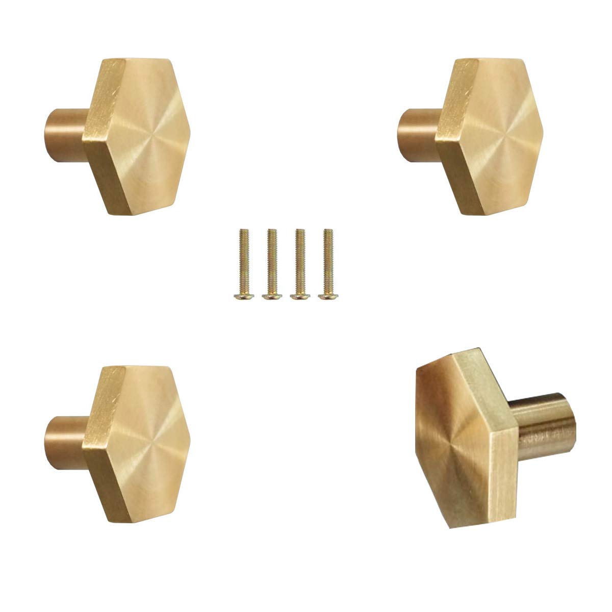 4Pcs Solid Brass Hexagon Cabinet Knobs, Single Hole Small Knobs Handle, Home Decorating Kitchen Furniture Hardware Handles Pulls for Cupboard, Desk, Dresser Drawer, Gold, with Screws(20 x 27mm)