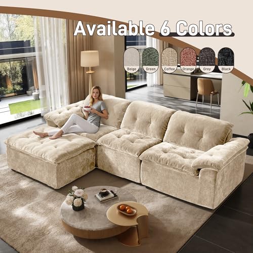 Image of 118 inch Oversized Modular Sectional Sofa, Large Modern Cloud Sectional Couch with Ottoman, Chenille 4 Seat Sofa Set, L-Shape Couch for Living Room, Apartments, No Assembly Required, Coffee
