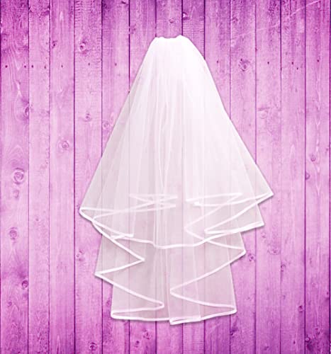 Bachelorette White Double Ribbon Edge Center Cascade Bridal Wedding Veil With Comb& Bride To Be Satin Sash (White Veil+White Sash) #TOP1