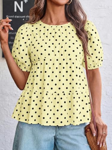 Image of Tankaneo Womens Puff Sleeve Peplum Babydoll Tops Summer Flowy Pleated Cotton T-Shirts Casual Loose Fit Cute Blouse