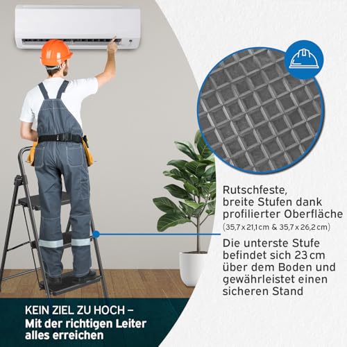 kör4u Trittleiter 2 Stufen - 150 kg belastbar - Standhöhe ca. 45 cm, klappbar, rutschfeste Stufen, Stahlrahmen, Haushaltsleiter, schwarz