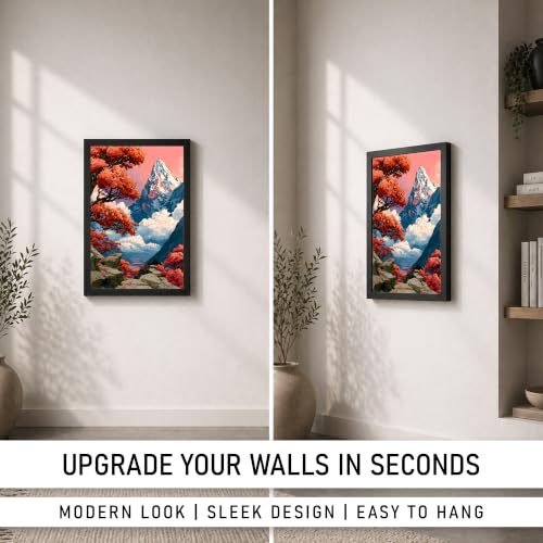 Image of Japanese Mountain Landscape Premium Framed Wall Poster (12x18 Inch) | Red Maple Tree & Snowy Mountain Wall Art | Asian Nature Decor for Bedroom, Living Room, Office & Zen Space