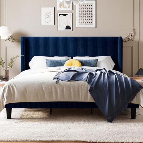 Image of Allewie King Size Platform Bed with Corduroy Wingback Headboard, Blue