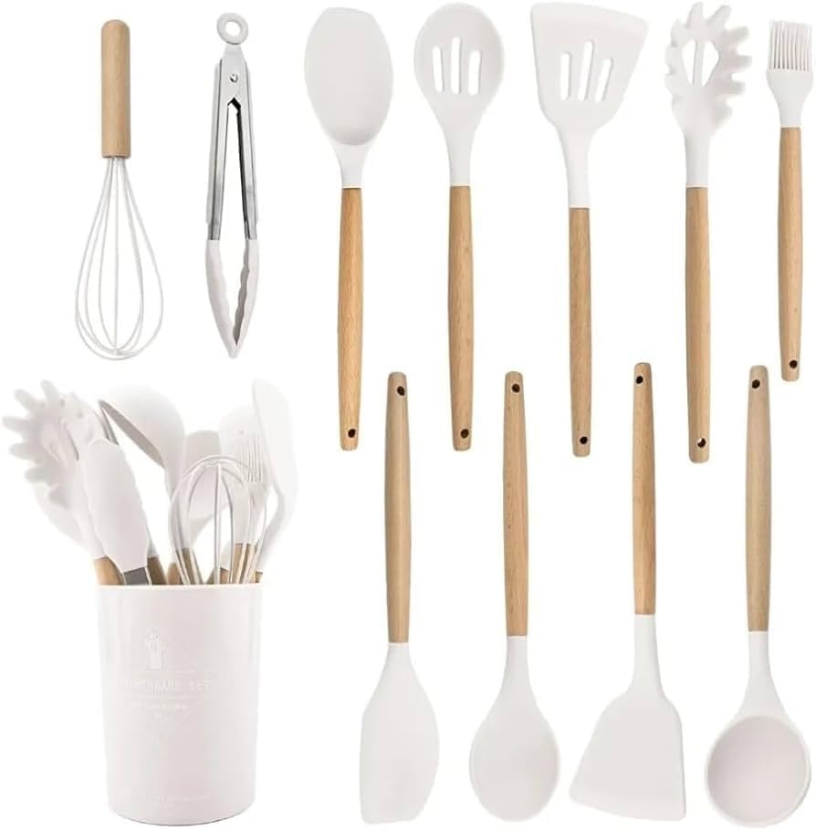 Conjunto de Utensílios de Cozinha, 12 Peças, Cabo de Madeira, Sil...