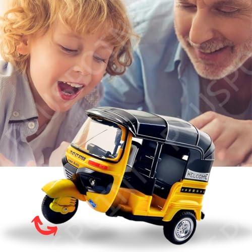 Image of PLUSPOINT Auto Rickshaw Toy,with Pull Back Action City Traffic Vehicles Public Transport Toy with Light and Sound for Aged 3 4 5 6 Boys and Girls,Kids Party Favors Gifts (Yellow)