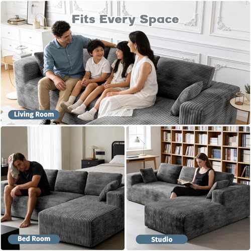 Image of 106 inch Corduroy Sectional Couch, Boneless L Shaped Couch with Deep Seat, Cloud Foam Sofa with Oversized Chaise, Sectional Sofa No Assembly Needed for Living Room