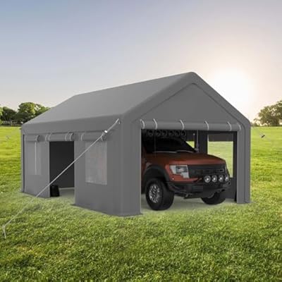 10x20FT Portable Garage, 10'x20' Carport Heavy Duty, Galvanized Frame & 180 g PE Waterproof Canopy, with 4 Doors (Included 2 Side Doors), and 4 Windows, for Pickup Truck, and Boat