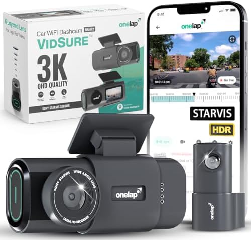 Onelap Vidsure™ (2025 Launch Front + Rear) - 3K Dashcam for Car | Real Sony STARVIS IMX335 | 5MP 3K UpScaled to 3840p Front | 2MP 1080p Rear FHD | HDR | 1.47" LCD Display | Dual Port Car Charger