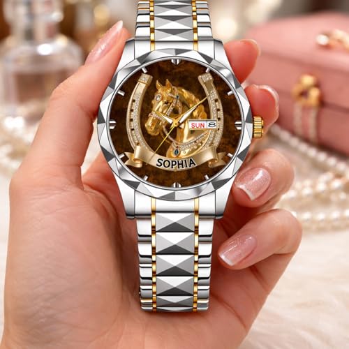 Lucky Horseshoe Customized Horse Watch - Personalized Name - Gift For Horse Lovers, Lucky Horseshoe Custom Name Metal Watch, Horses Riders Watches Gifts for Men Women, Birthday Gifts for Horses Lovers
