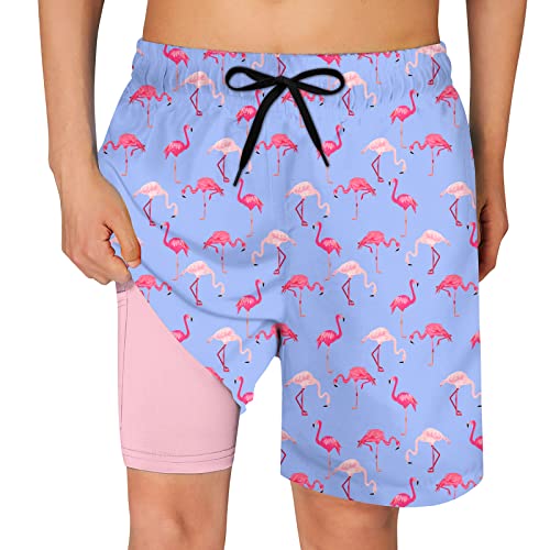 Image of Cozople Little Boys Flamingo Swim Trunks Quick Dry Beach Board Shorts Stretchy Compression Liner Swimming Shorts Toddler Bathing Suit with Boxer Brief Liner for Casual Homewear Size 3t