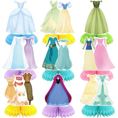 Lomantank 9 Pcs Princess Honeycomb Centerpieces Double-Sided Princess Dress Table Toppers for Girls Pastel Princess Theme Party Table Decorations