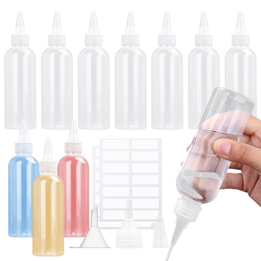 Aieino 10 Pack 100ml Squeeze Bottles with Nozzles, Caps, 2 Funnels & Labels - Clear Plastic Squeezy Sauce Bottles Condiment Dispensing Container for Kitchen Travel Art Liquid, Paint, Toiletries
