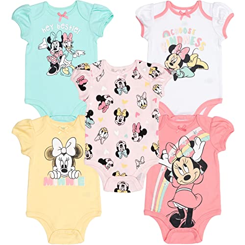 Image of Disney Minnie Mouse Mickey Donald Duck Baby Girls 5 Pack Bodysuits Newborn to Infant