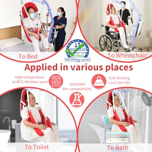 Image of EZ Assistive Patient Lift Sling with Thick Pads for Patient Lift,Shower,Toilet - Includes Waist Belt with Buckle - Head Support Option Available (Red, Large,with Head Support,with 1pc Slide Glove)