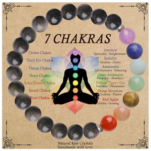 ZaisuiFun 7 Chakra Bracelet for Women Healing Stones for Anxiety Relief Spiritual Crystal Energy Bracelet for Meditation Relaxation Positive Vibes Shiny Black S