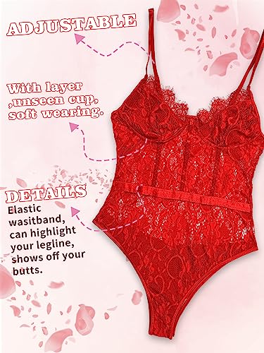 Popiv Women Lace Lingerie Bodysuit Set Sexy Corset Teddy Lingerie Tops Snap Crotch Body Suit Red #TOP3