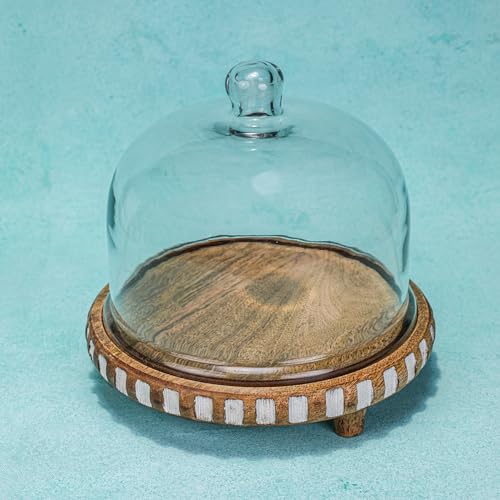 Image of Sugar Sphere Acacia Wood Cake Stand with Glass Dome | Cake Plate with Dome Lid | Multipurpose Serving Stand for Wedding Birthday Parties | Dessert Display