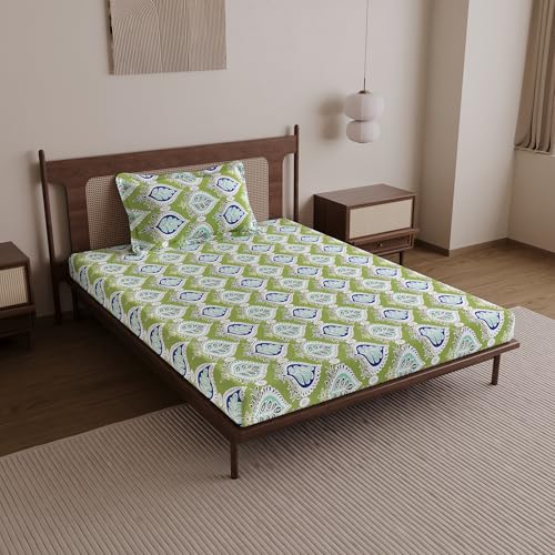 Divine Casa Cotton Bedsheet for Single Bed with 1 Pillow Cover | Soft Breathable Wrinkle Free Bed Sheet Set | 144 TC Printed Bedding for Bedroom | 145 x 223 cm (Palm Green)
