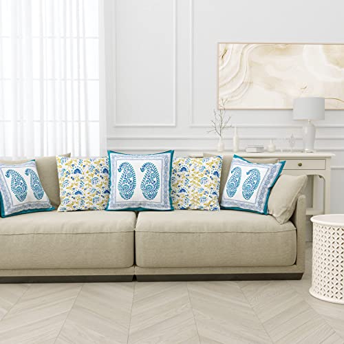 Image of BLOCKS OF INDIA Hand Block Printed Cotton 300 TC Cushion Cover (16 X 16 Inches) (Cushion 3),Blue