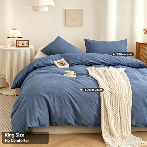 Image of ECOCOTT Denim Blue Duvet Cover King Size, 100% Washed Cotton 1 Duvet Cover with Zipper and 2 Pillowcases, Ultra Soft and Easy Care Breathable Cozy Bedding Set (Denim Blue, King)