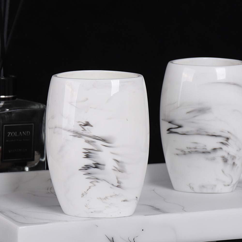 Nórdico Estilo Juego de Accesorios de Baño de Resina Conjunto de Baño con Porta Cepillo de Dientes, 2 Tazas, Dispensador de Jabón Líquido, Jabonera, Tinta Blanca,Marble Tray