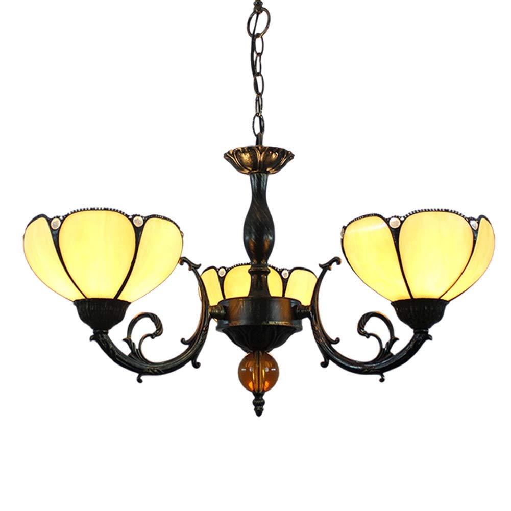 KXEcoLife Ceiling Pendant Light Fixture Tiffany Style Lamp Stained Glass Chandelier European Minimalist Shades 3 Arms Inverted Hanging