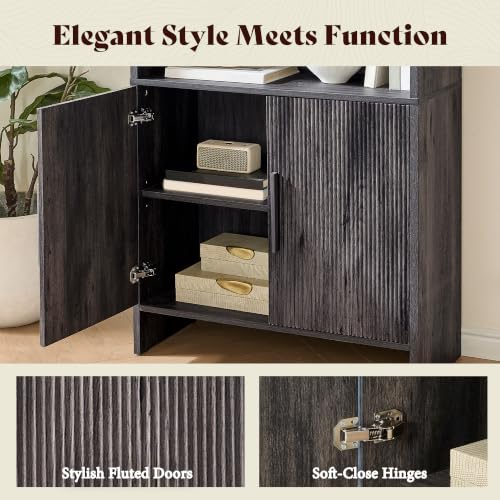 Image of AMERLIFE 71 inch Modern Bookcase Set of 2 with Storage Cabinet, 6-Tier Bookshelf with 3 Adjustable Shelves & Fluted Doors, Wood Curved Display Cabinet for Living Room, Dining Room, Home Office, Dark Grey