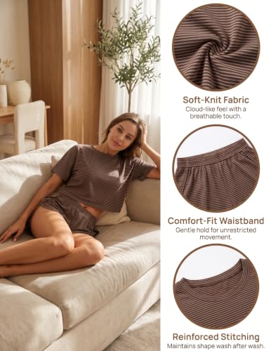 Image of Split Short Pajama Set Women's Striped Pjs with Sleeve Tee & Elastic Waist | Split-Leg Shorts Design, Soft Striped 2-Piece Lounge Set, Breathable Comfy, Travel, or Cozy Days At Home, Summer Vibes