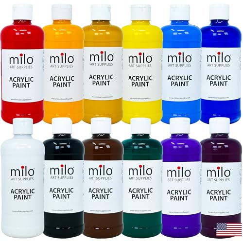 Image of milo Acrylic Paint Set, 12 Primary Colors, 16 oz Bottles, Semi-Gloss | Safe, Non-Toxic, Made in the USA, Arts & Crafts Paints for Artists, Student & Hobby Painters, Paint Pack, Classroom, Bulk