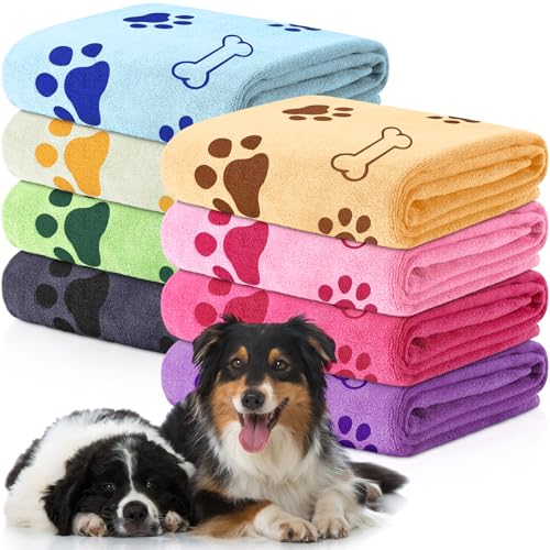 Image of 8 Pcs Dog Towel for Drying, 40 x 24 Inch, Dog Paw and Bone, Sweet Color