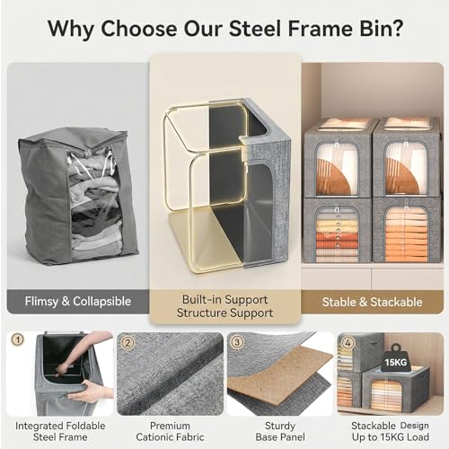 Image of GoMaihe Blanket Storage Bins with Metal Frame, 6-Pack Large Closet Storage Bins with Lid & Clear Window, Comforter Bedding Storage Organizer for Walk-in Closet Cationic Fabric 55L