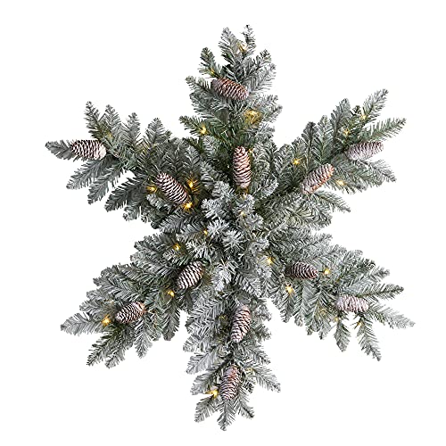 Nearly Natural 30in. Pre-Lit Flocked Snowflake Artificial Dunhill Fir Wreath with Pinecones and 40 LED Lights