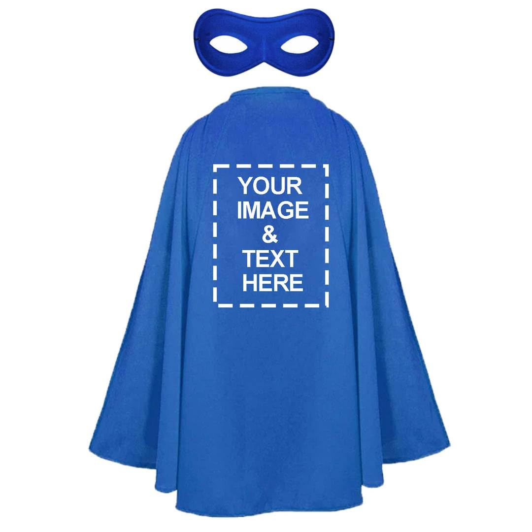 Adults Personalised Superhero Costume - Pack of 1 - Long Blue Cape with Your Design on the Back, Matching Eyemask - Mens Stag Party Charity Upload Your Own Design Customised Fancy Dress Outfit โ image 1