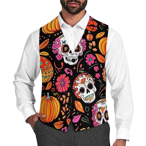Halloween Pumpkins Skull Men's Suit Vests Business Formal Dress Vest V-Neck Waistcoat for Wedding Casual