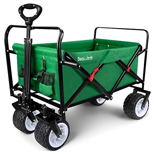 BEAU JARDIN Folding Wagon Cart 300 Pound Capacity Collapsible Utility Camping Grocery Canvas Sturdy Portable Rolling Lightweight Outdoor Garden Sports Heavy Duty Shopping Wide All Terrain Beach Wheel