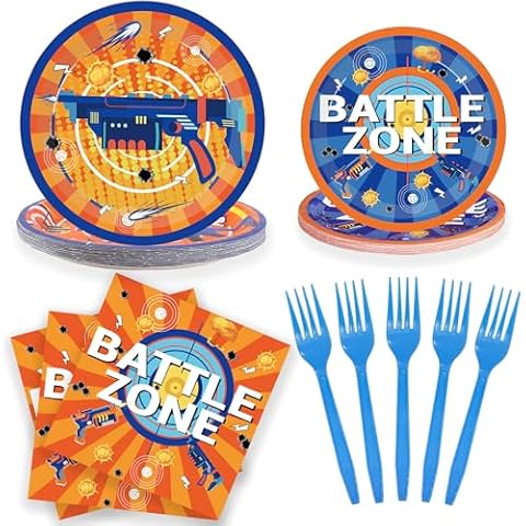 Dart War Party Plates and Napkins Party Supplies (100Pcs) Blaster Gun Plates, Battle Zone Napkins, Dart Gun Paper Plates for Nerfs Party, Paintball Plates Boys for Nerfs Birthday Decorations, 25Serves Cover
