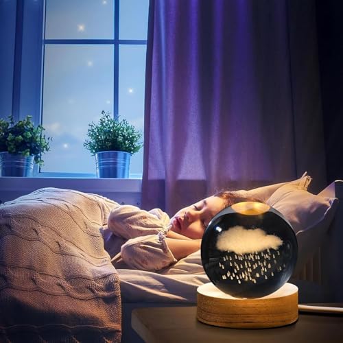 Image of 3D Cloud Rain Crystal Night Lamp, Creative Engraved LED Light, USB Table Wooden Crystal for Home Office Decoration Birthday Gift