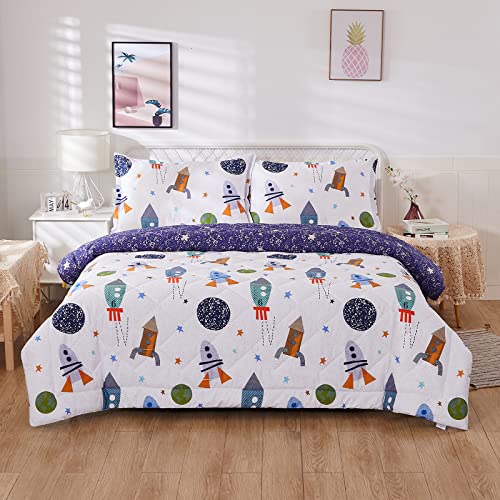 Brandream Kids Bedding Set Twin Size Space Boy Girl Cotton Comforter Set Space Rocket Galaxy Bedroom 3-Piece thumb #8