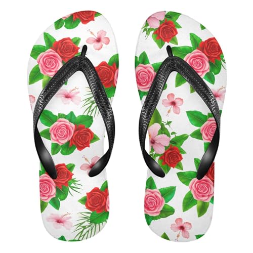 Rose Flower Leaf White Flip Flops for Beach Thong Sandals Anti-slip Lightweight Beach Shoes for Indoor Outdoor House
