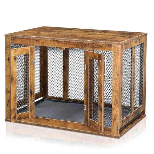 Furniture Dog Crate with Tray for Medium Dogs, Indoor Aesthetic Puppy Kennel Pet House Dog Cage with Door, Modern Decorative Wood Pretty Cute Fancy End Side Table Nightstand, Rustic Brown
